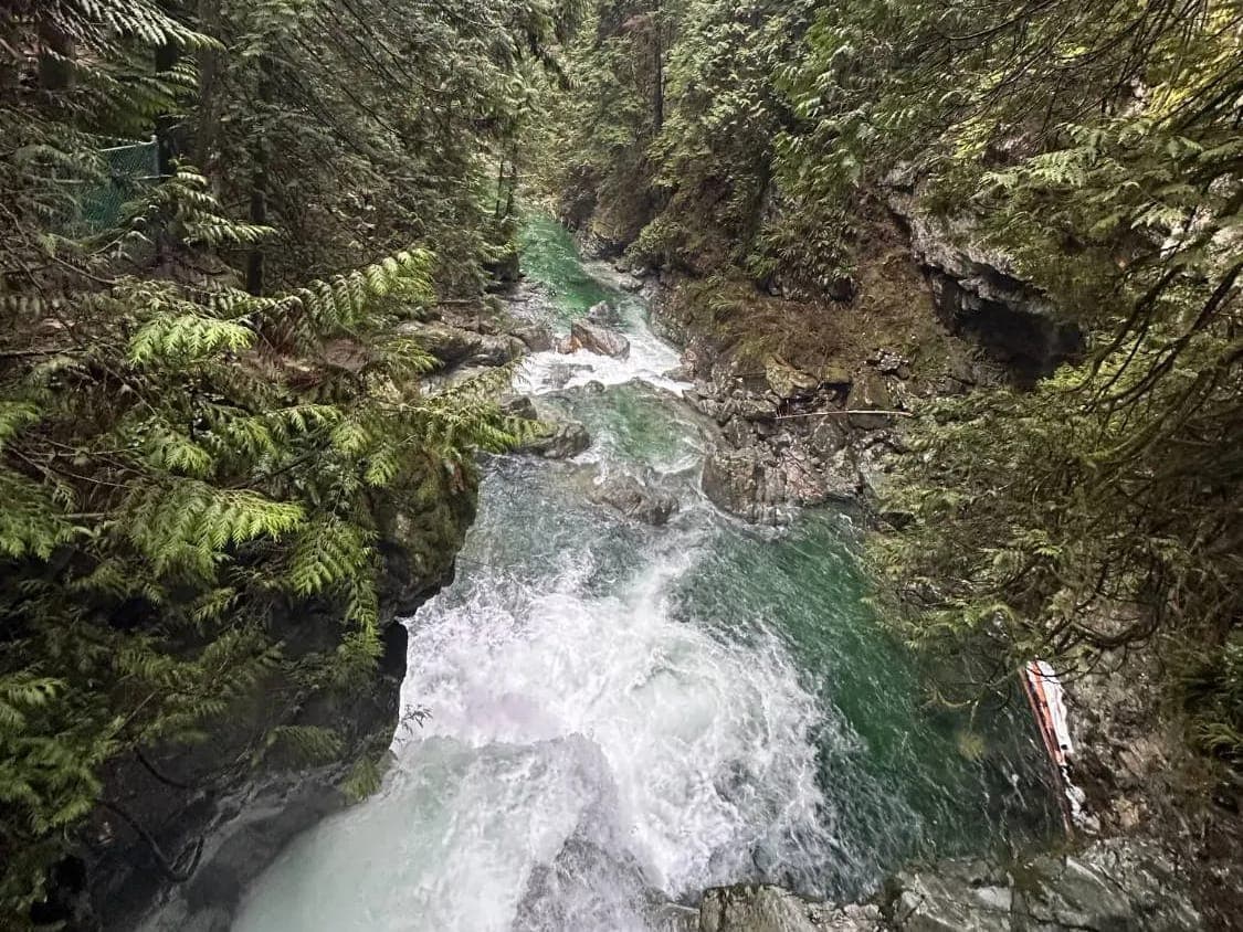 A turquoise river rushing over rocks through a misty, forested canyon